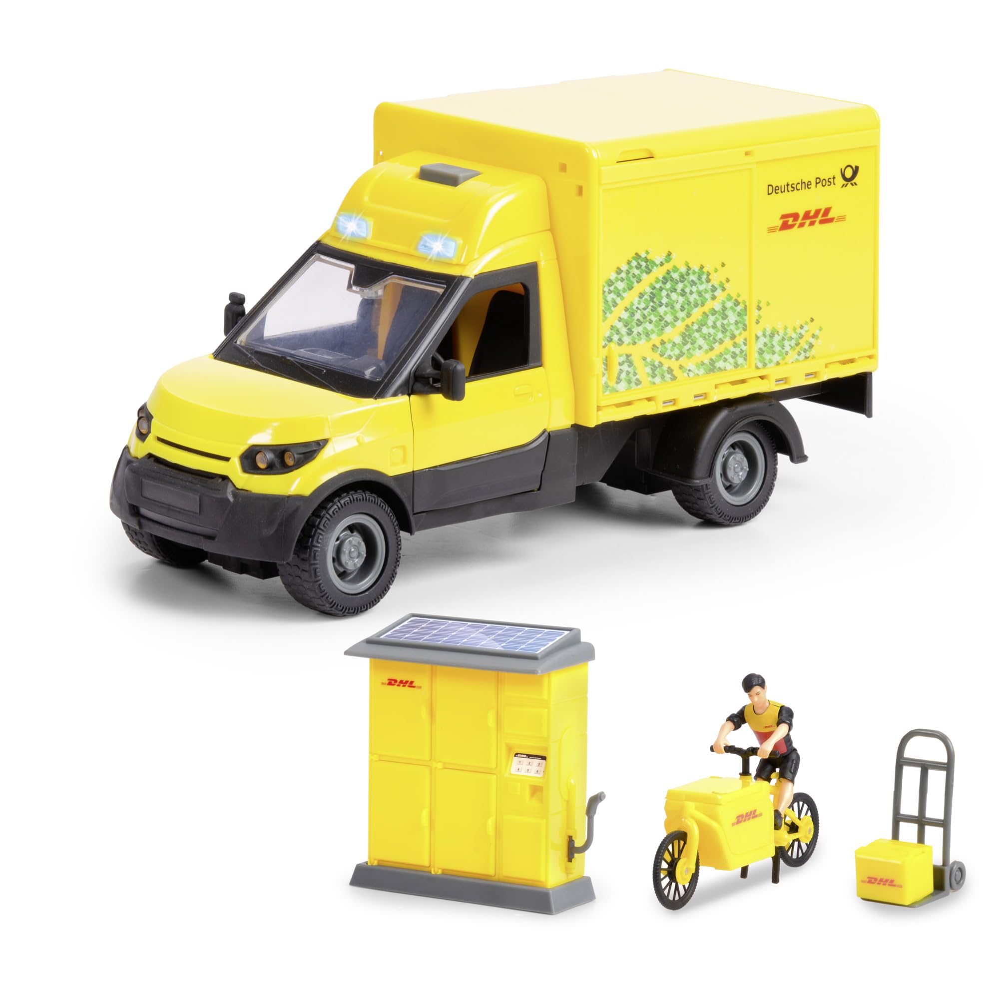 dickie-toys-dhl-delivery-set-25-cm-mit-e-fahrzeug-lastenfahrrad-und-packstation image 1