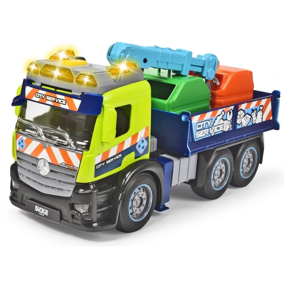 dickie-toys-action-truck-recycling-lkw-26-cm-gr-n-blau-mit-kran-sound-und-warnli image 1