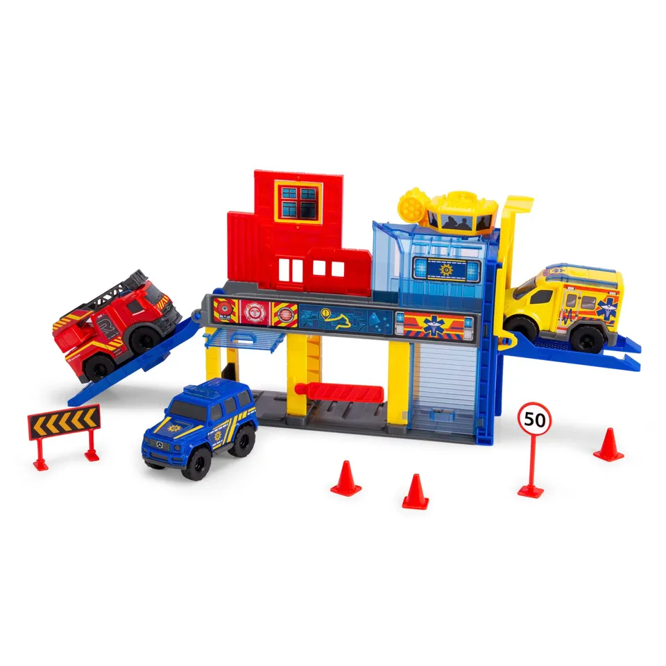 dickie-toys-micro-sos-auto-station-2-ebenen-3-mercedes-benz-autos image 1