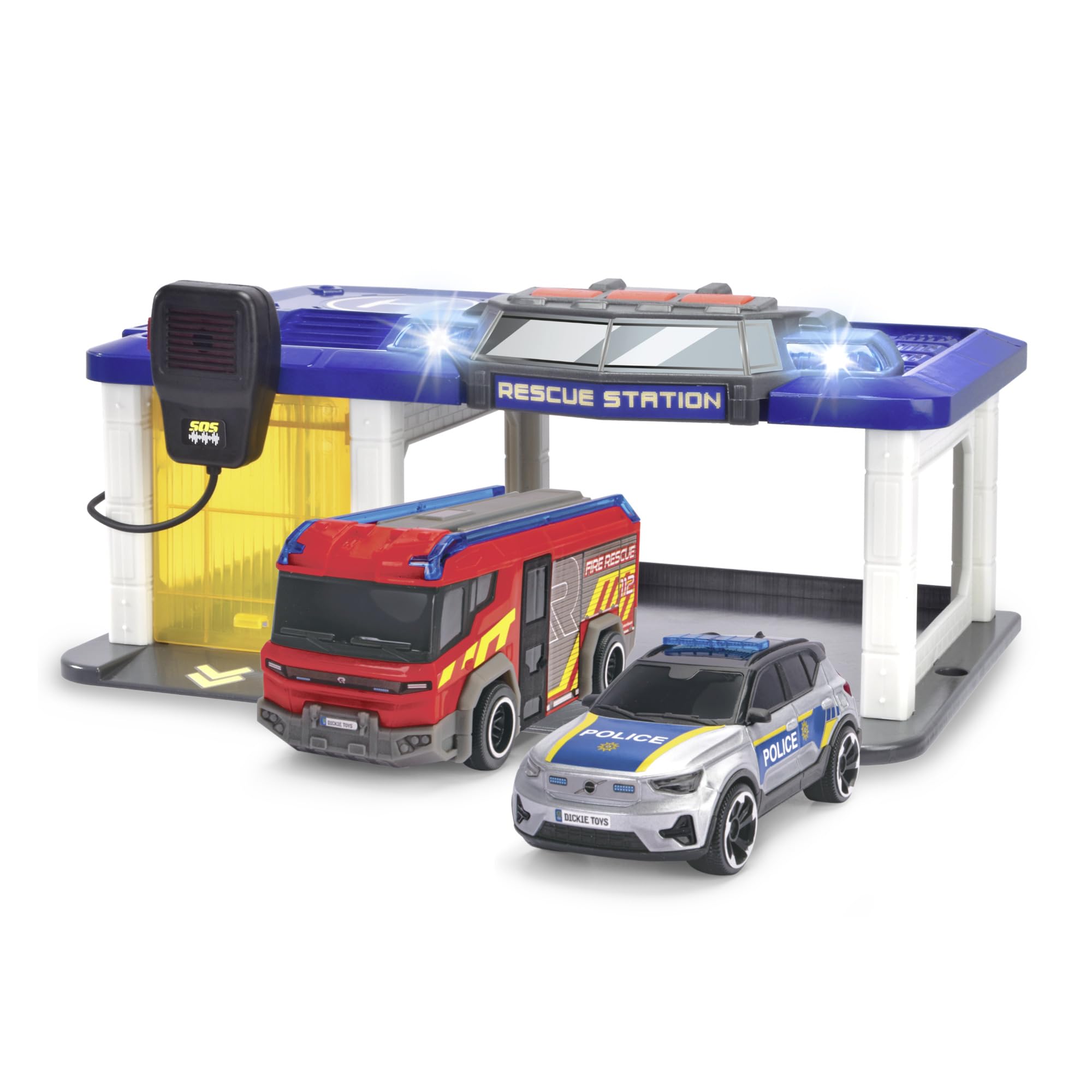 dickie-toys-rescue-auto-station-31x22cm-mit-polizei-und-feuerwehrauto image 1