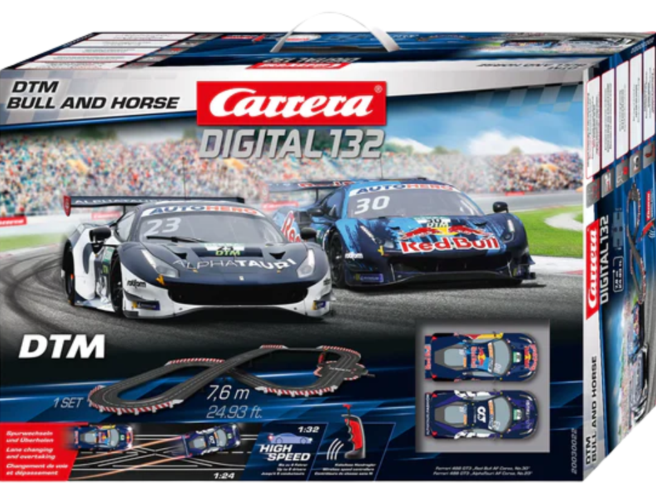 carrera-digital-132-dtm-bull-and-horse-rennbahn-set-ferrari-488-gt3 image 1