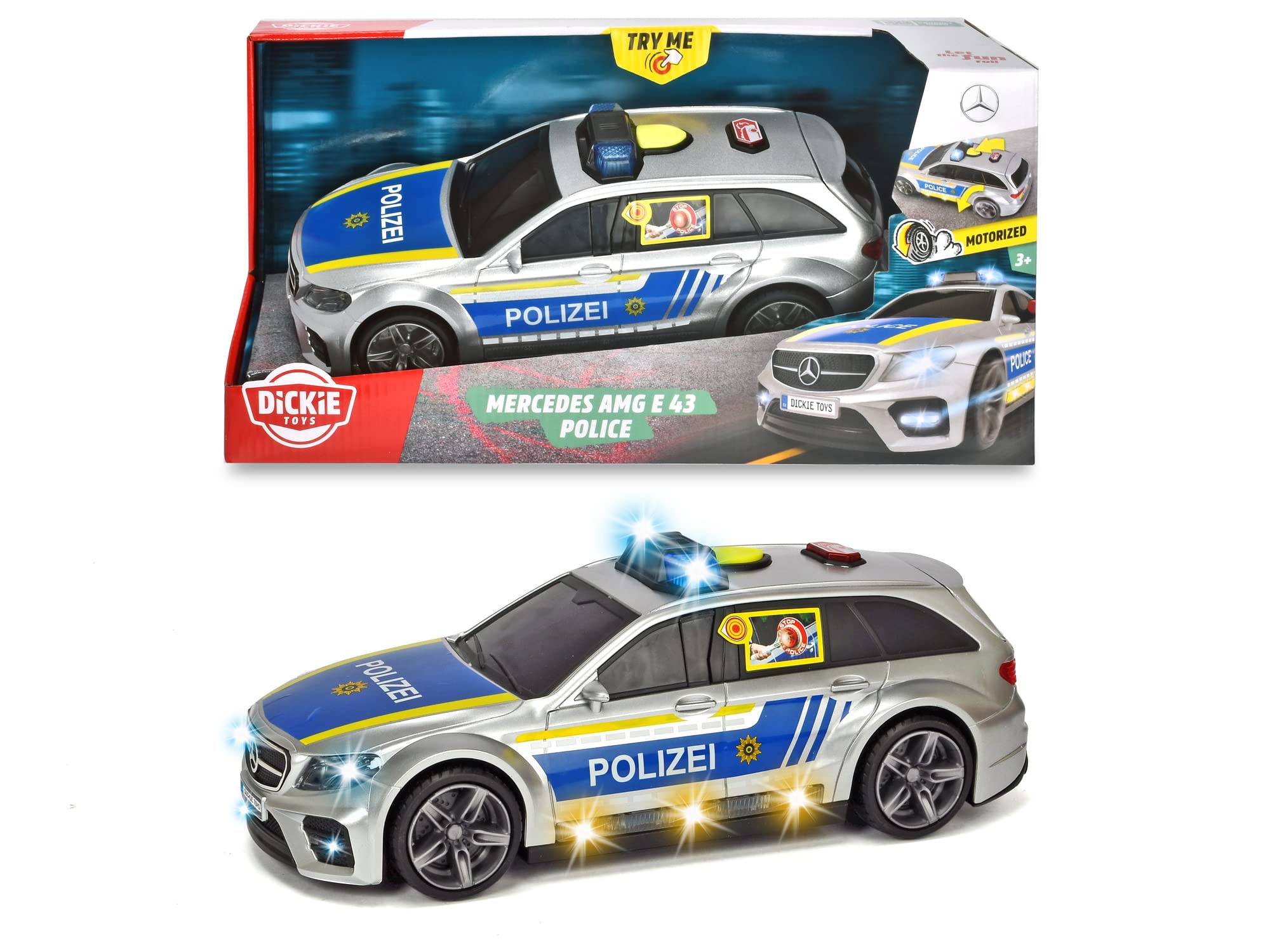 dickie-toys-mercedes-amg-e43-polizeiauto-30-cm-motorisiert-mit-hund-licht-und-si image 1