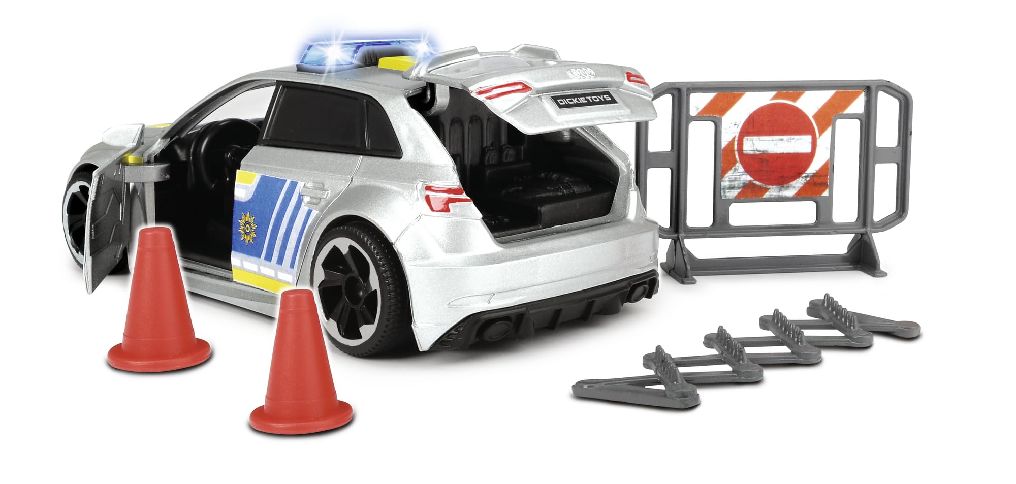 dickie-toys-audi-rs3-polizeiauto-15-cm-mit-stra-ensperre-licht-sound-und-friktio image 3