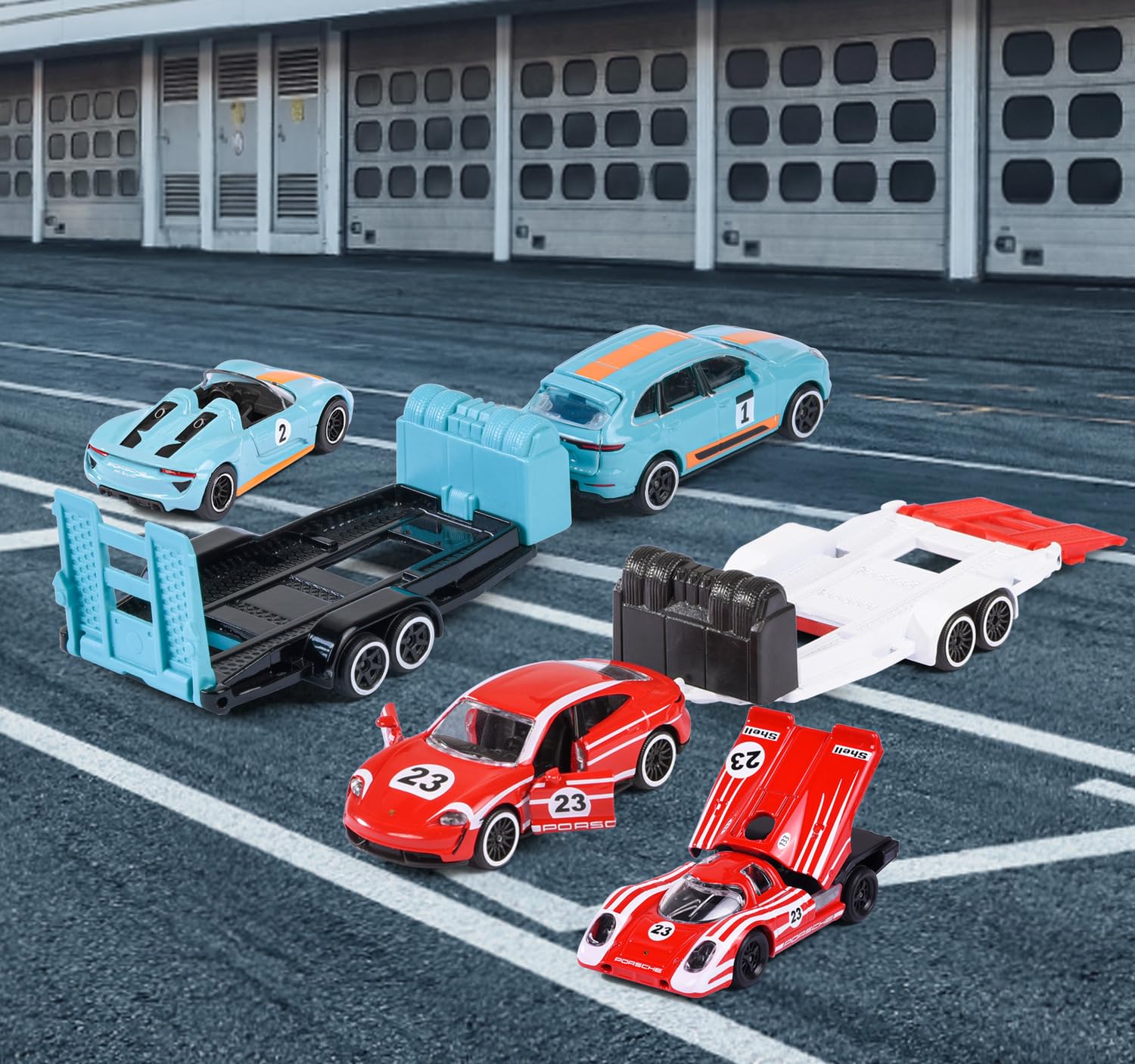 majorette-porsche-deluxe-trailer-race-set-2-autos-anh-nger-19-cm image 6