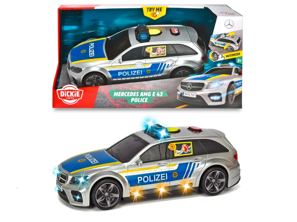 dickie-toys-mercedes-amg-e43-polizeiauto-30-cm-motorisiert-mit-hund-licht-und-si image 1