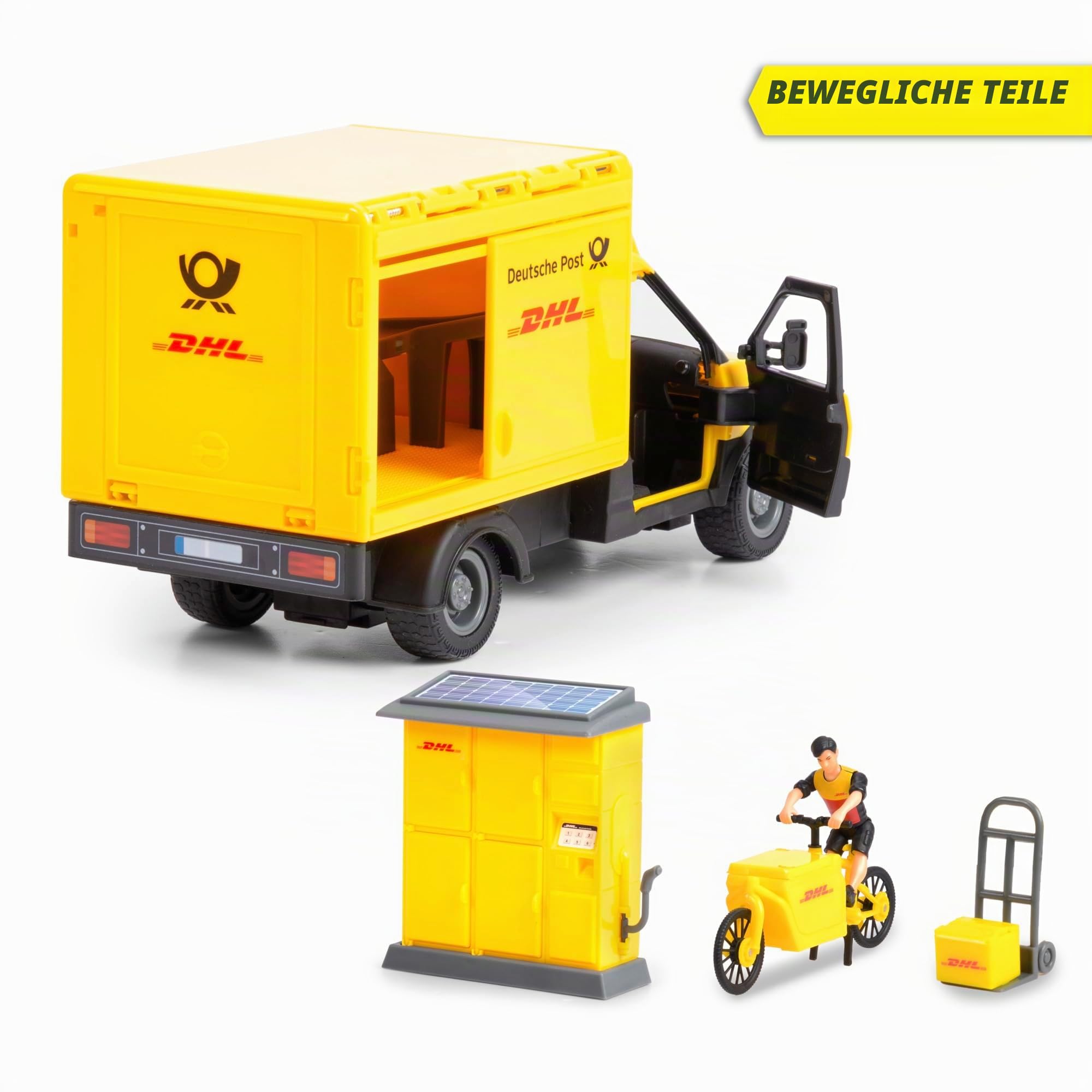 dickie-toys-dhl-delivery-set-25-cm-mit-e-fahrzeug-lastenfahrrad-und-packstation image 2