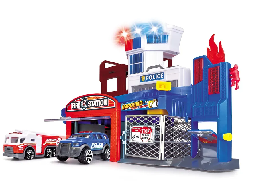dickie-toys-parkgarage-feuerwehr-und-polizei-mit-2-autos image 1